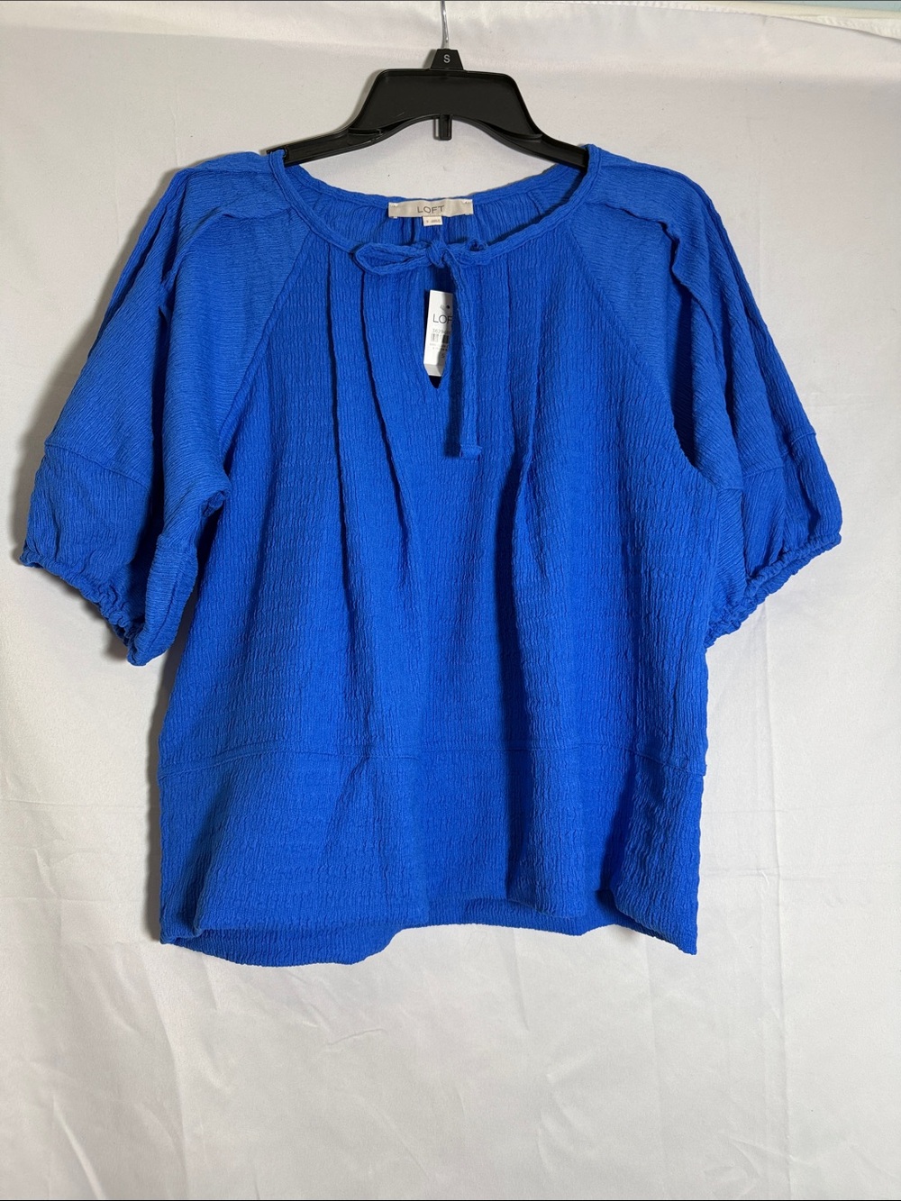 LOFT Blue Tie-Neck Short Sleeve Blouse